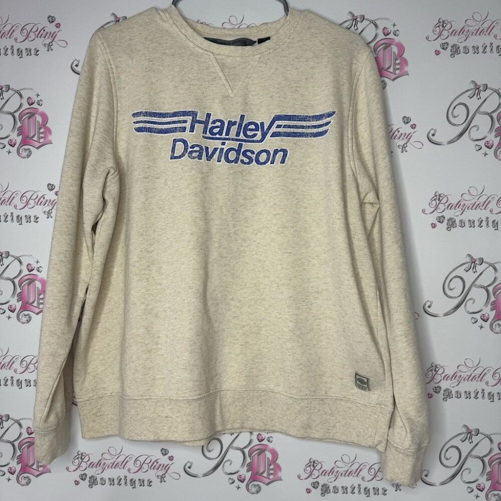 Harley Davidson hoodie sweater pull over cream blue logo black patch emblem